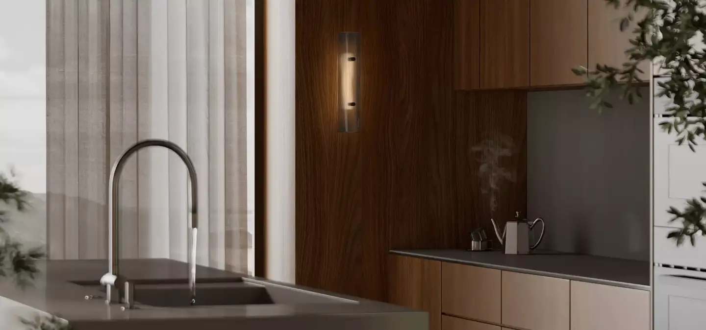 Render of a kitchen counter and timber cabinets with a lit ribbed glass wall light