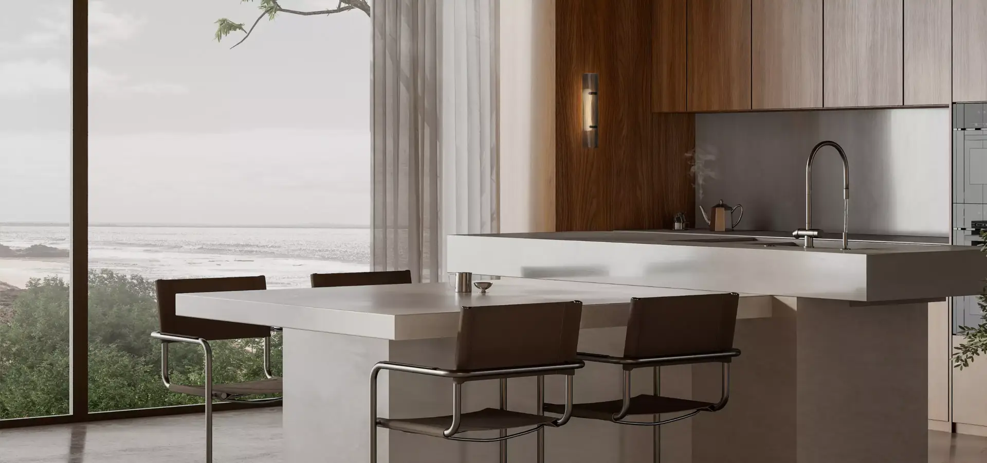 Modern kitchen with illuminated wall fixture on wood paneling, wall light visualization.