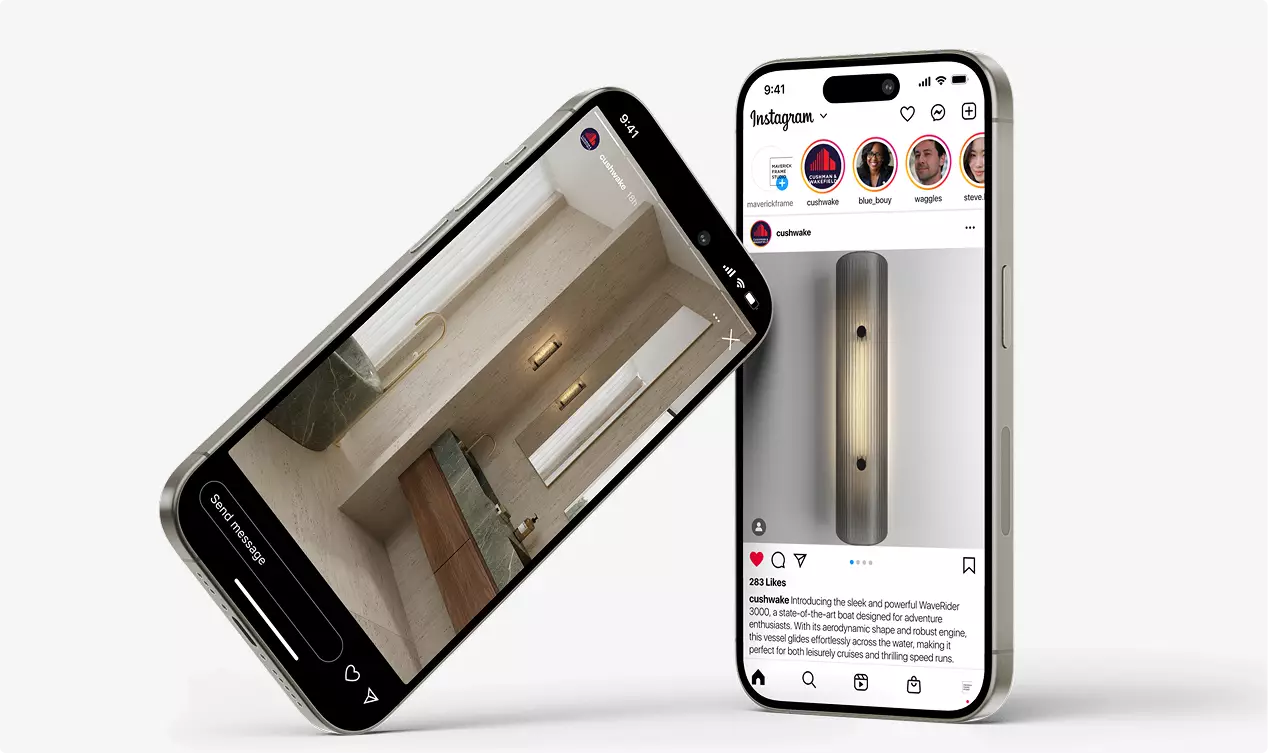Smartphones displaying interior renders and product post, wall light visualization presentation.