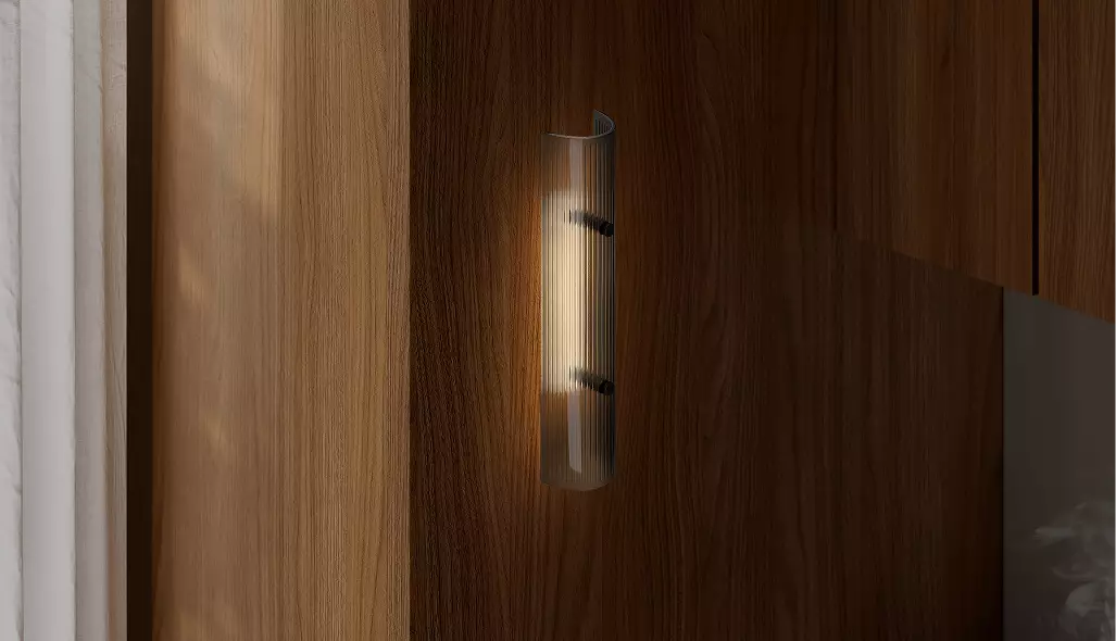 Glowing ribbed glass wall fixture mounted on wood panel, wall light visualization.