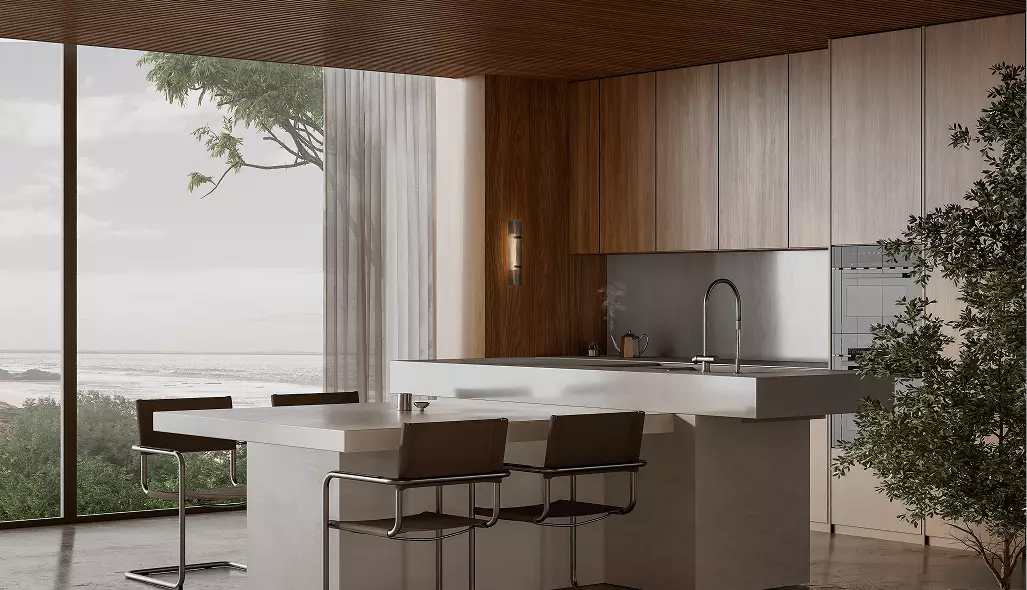 Wide modern kitchen interior with illuminated wall fixture, wall light visualization.