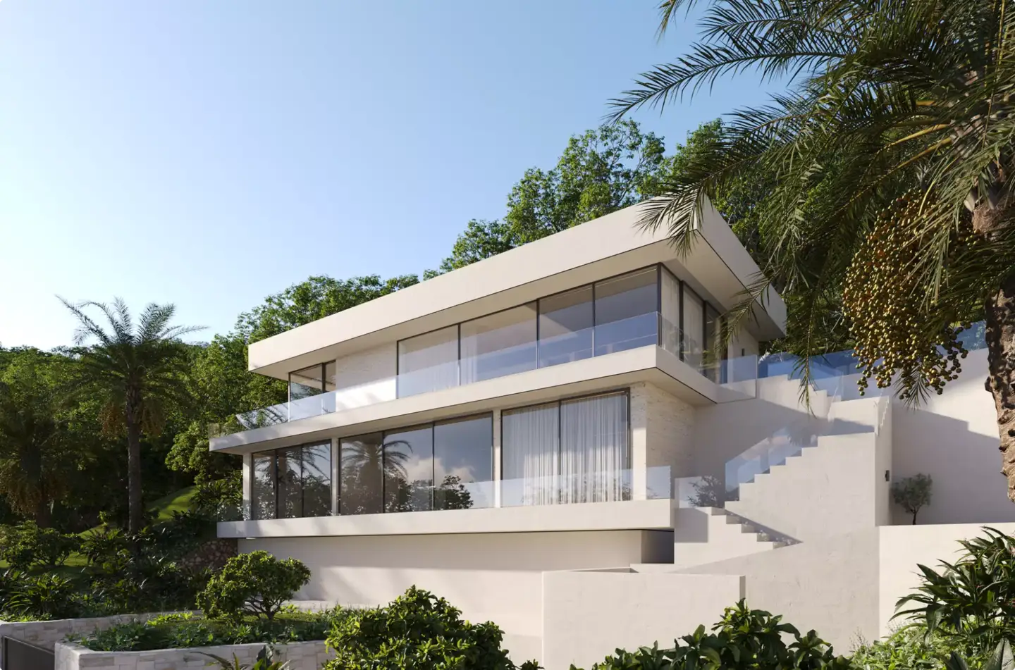 White hillside villa visualization with broad windows, glass balcony, palms, and exterior stairs