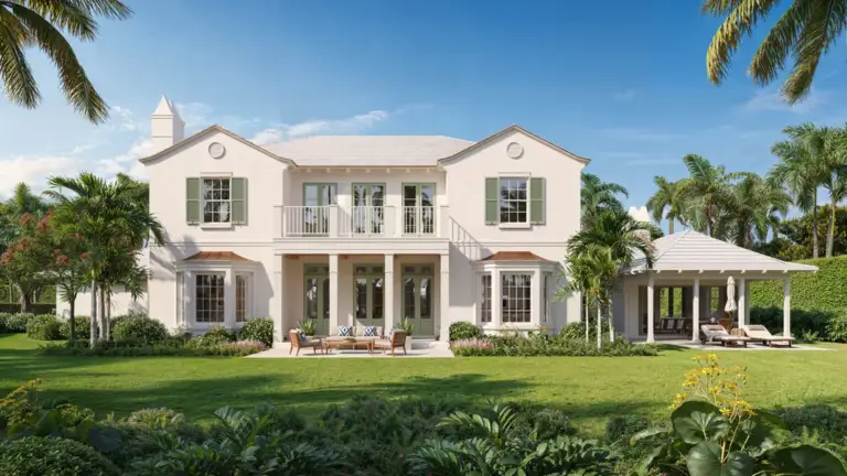 Mediterranean style villa 3D rendering Miami with balcony, lush garden, and outdoor seating area