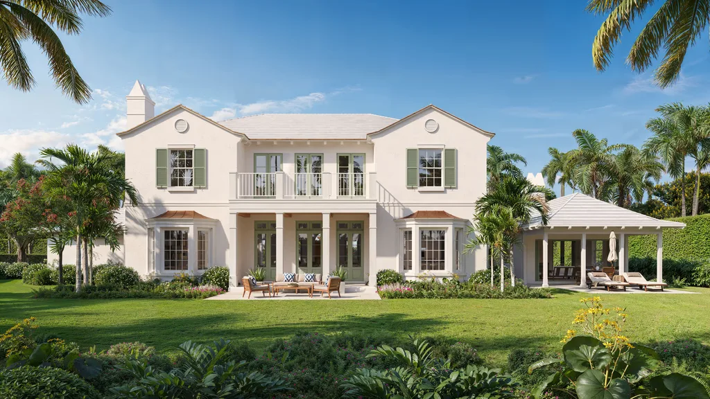 Mediterranean style villa 3D rendering Miami with balcony, lush garden, and outdoor seating area