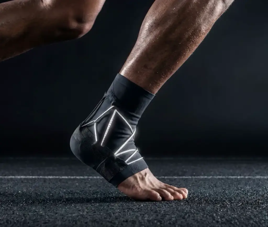 Close-up of an ankle compression support courtside, sports equipment product visualization.