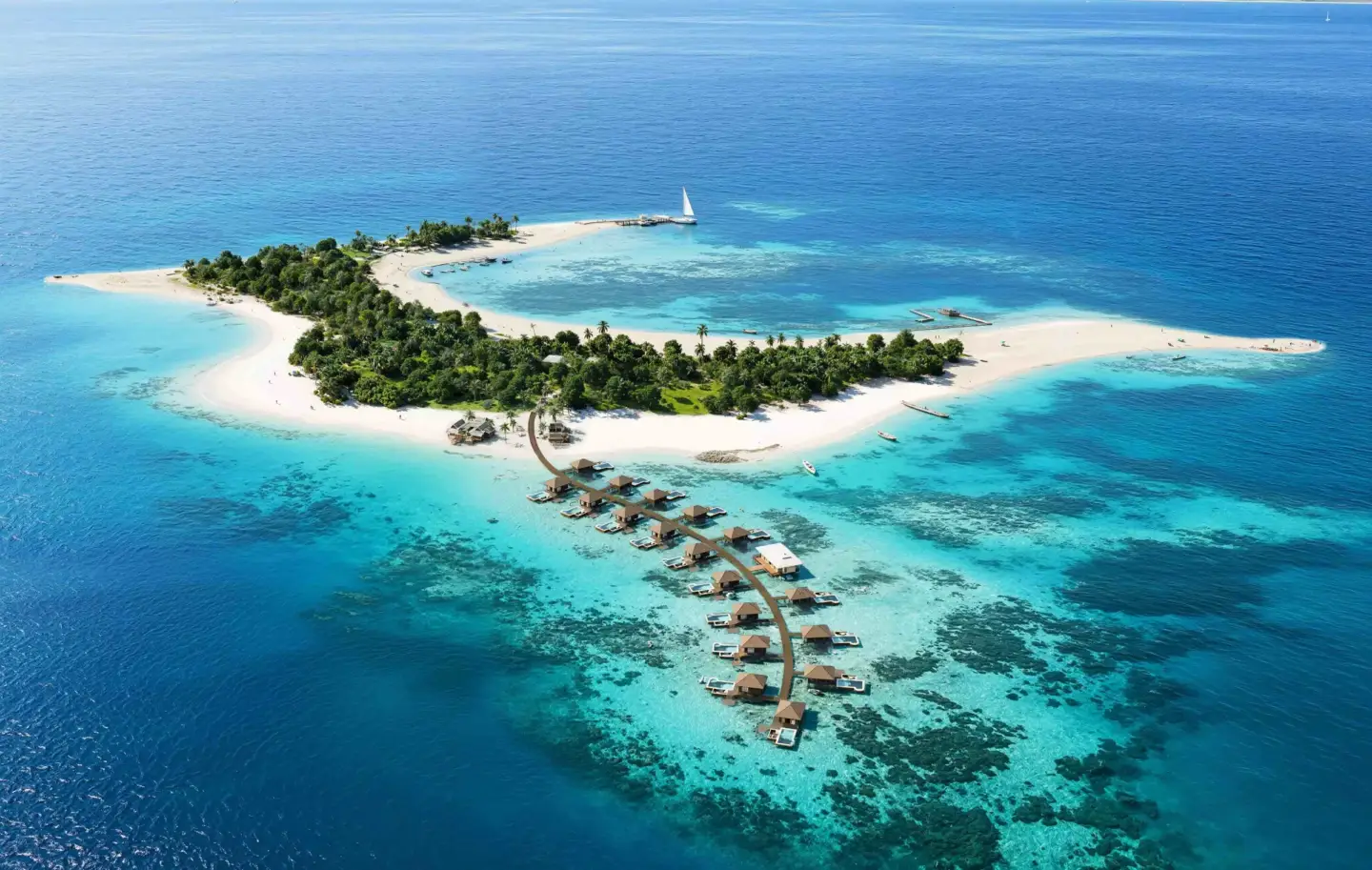 3D exterior architectural rendering of an island resort