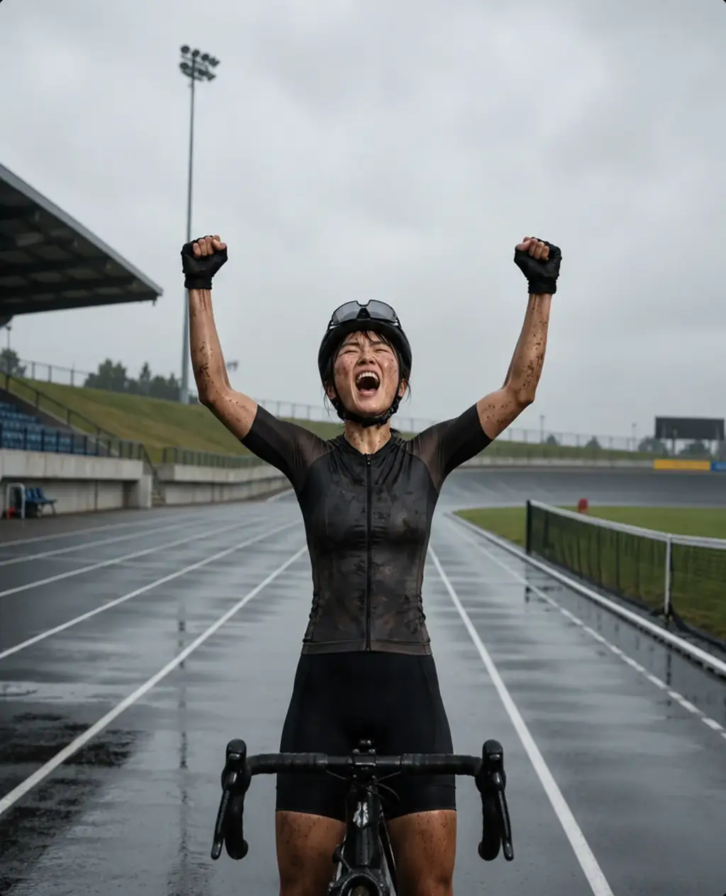 Athlete with arms raised in victory in the rain.