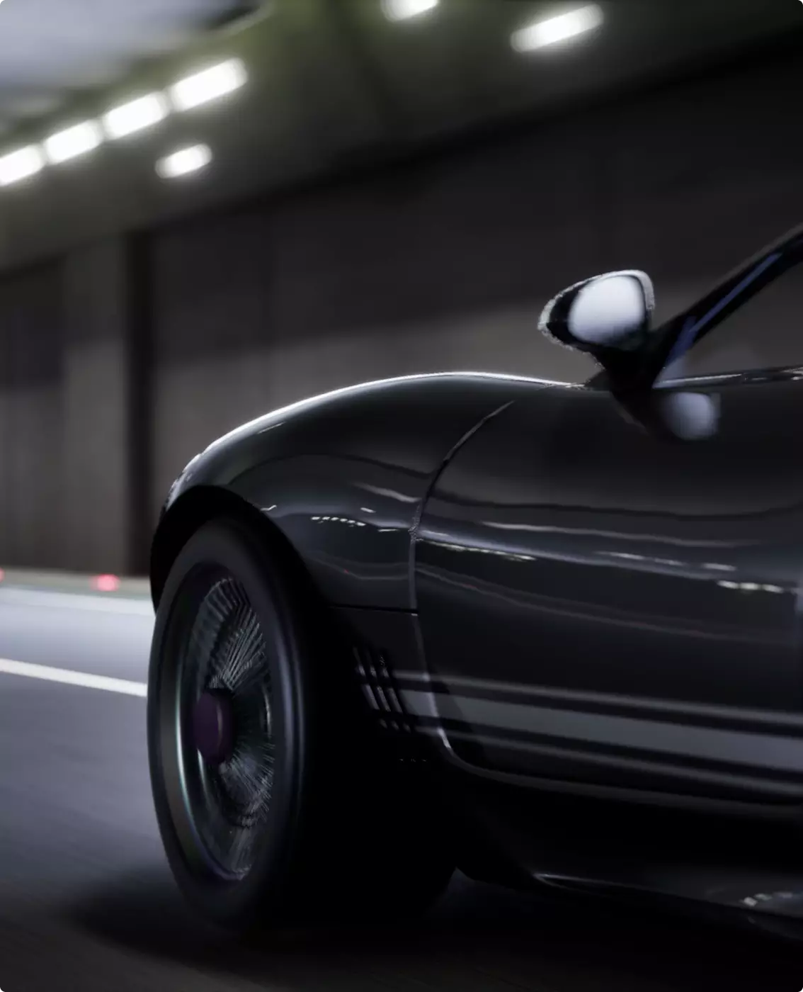 Automotive CGI renders of a sports coupe side view driving through a lit tunnel