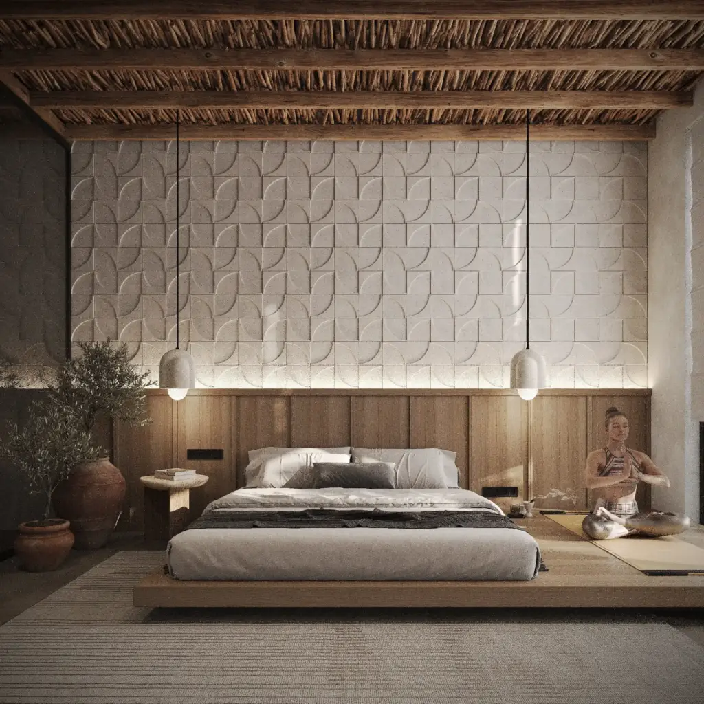 Interior render of a light villa living space with navy and white contrast and natural wood, illustrating nautical material pairing