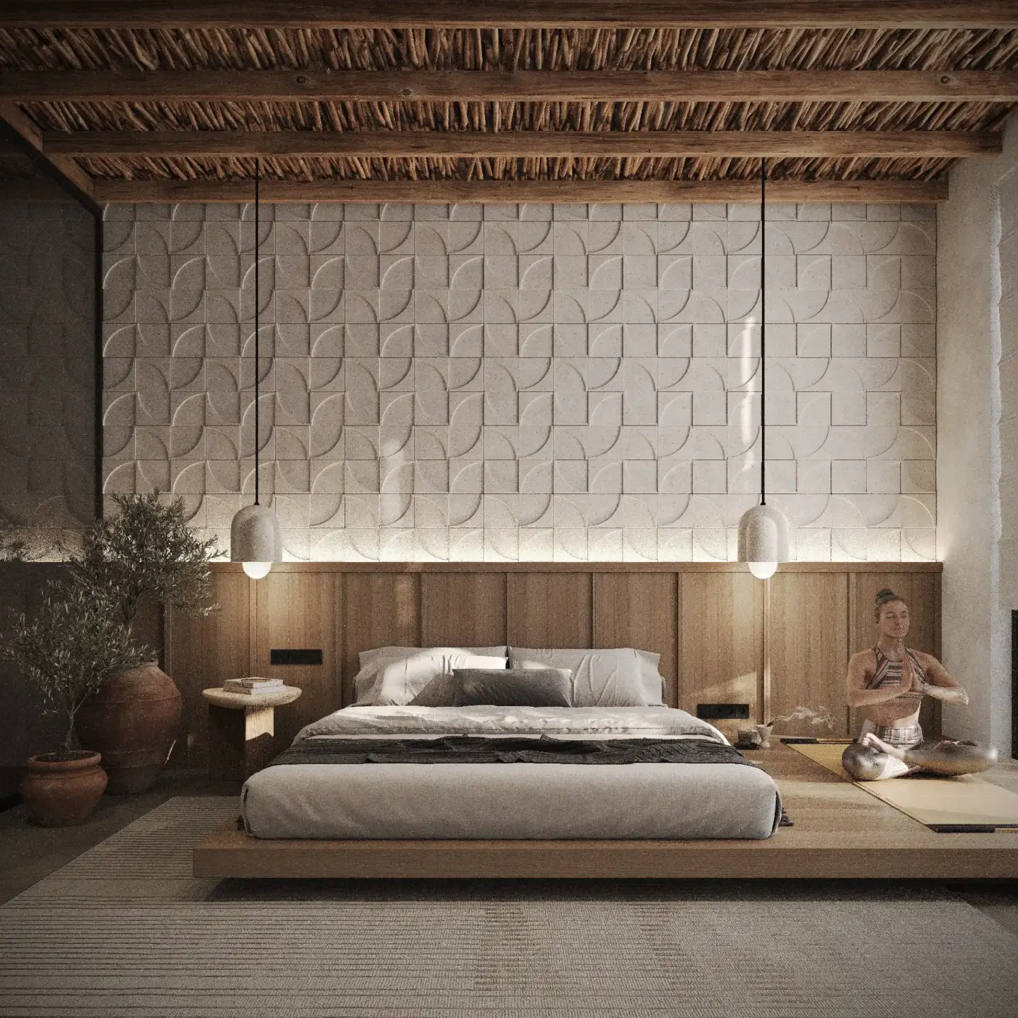 Bali bedroom interior rendering with natural textures, 3D visualization by Maverick Frame Studio