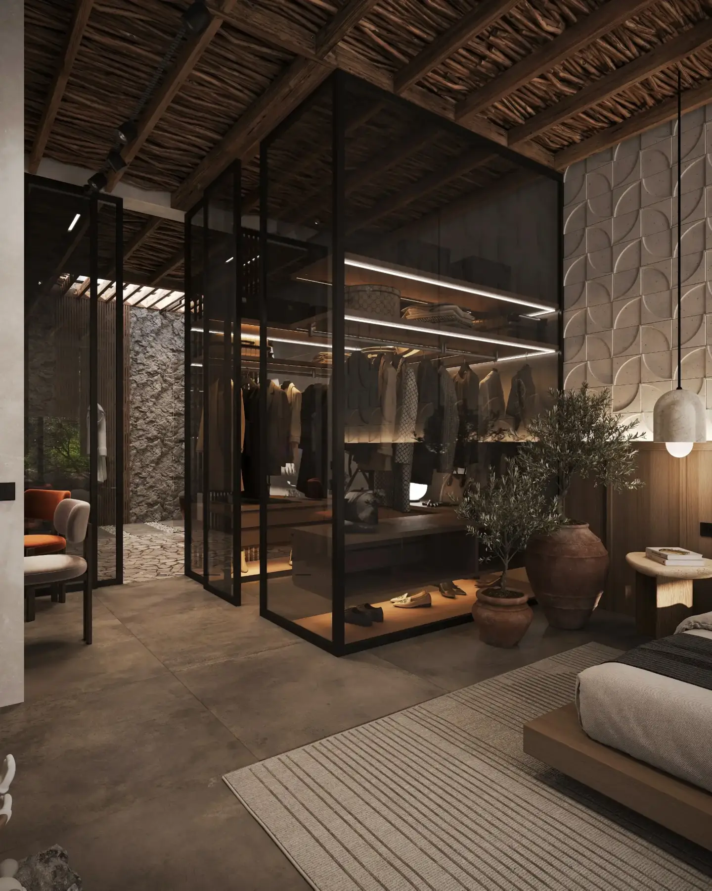 Bali interior rendering of walk-in closet with glass wardrobe, natural wood textures and soft lighting