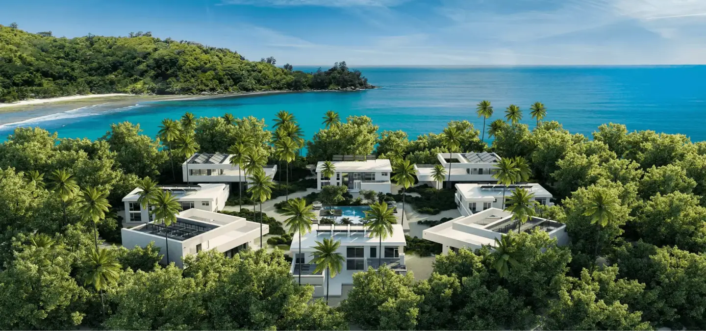 Strandvilla’s met baaizicht in een 3D-render van een eilandresort op de Seychellen