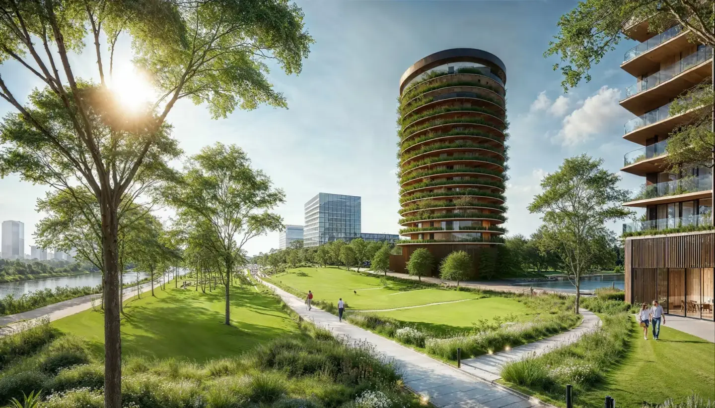 Green park with circular eco tower and path, Best 3D Rendering Companies in Abu Dhabi for Real Estate & Architecture