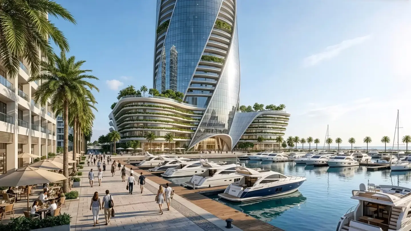 Futuristic waterfront tower with marina and yachts, Best 3D Rendering Companies in Abu Dhabi for Real Estate & Architecture