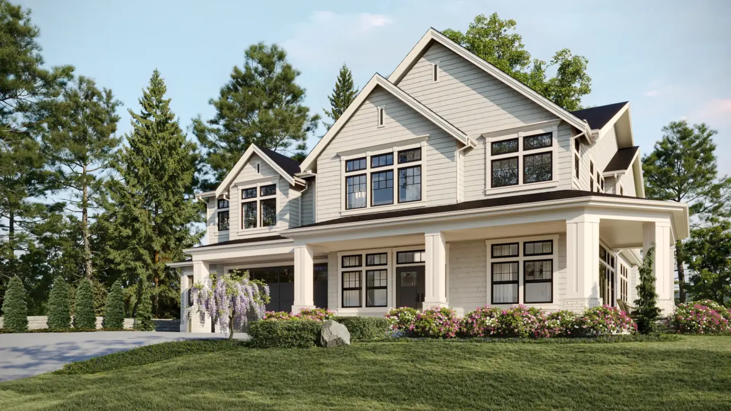 Suburban house exterior with landscaped garden, 3D residential rendering for real estate developers