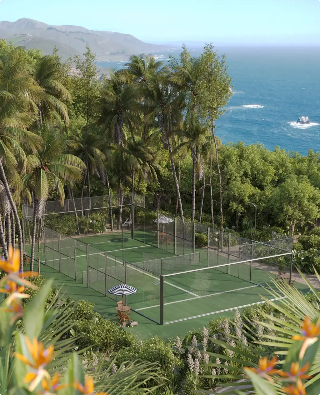 CGI-render van de villa aan de kust met de privépadelbaan op de voorgrond en de oceaanhorizon — visualisatie voor premium hospitality.