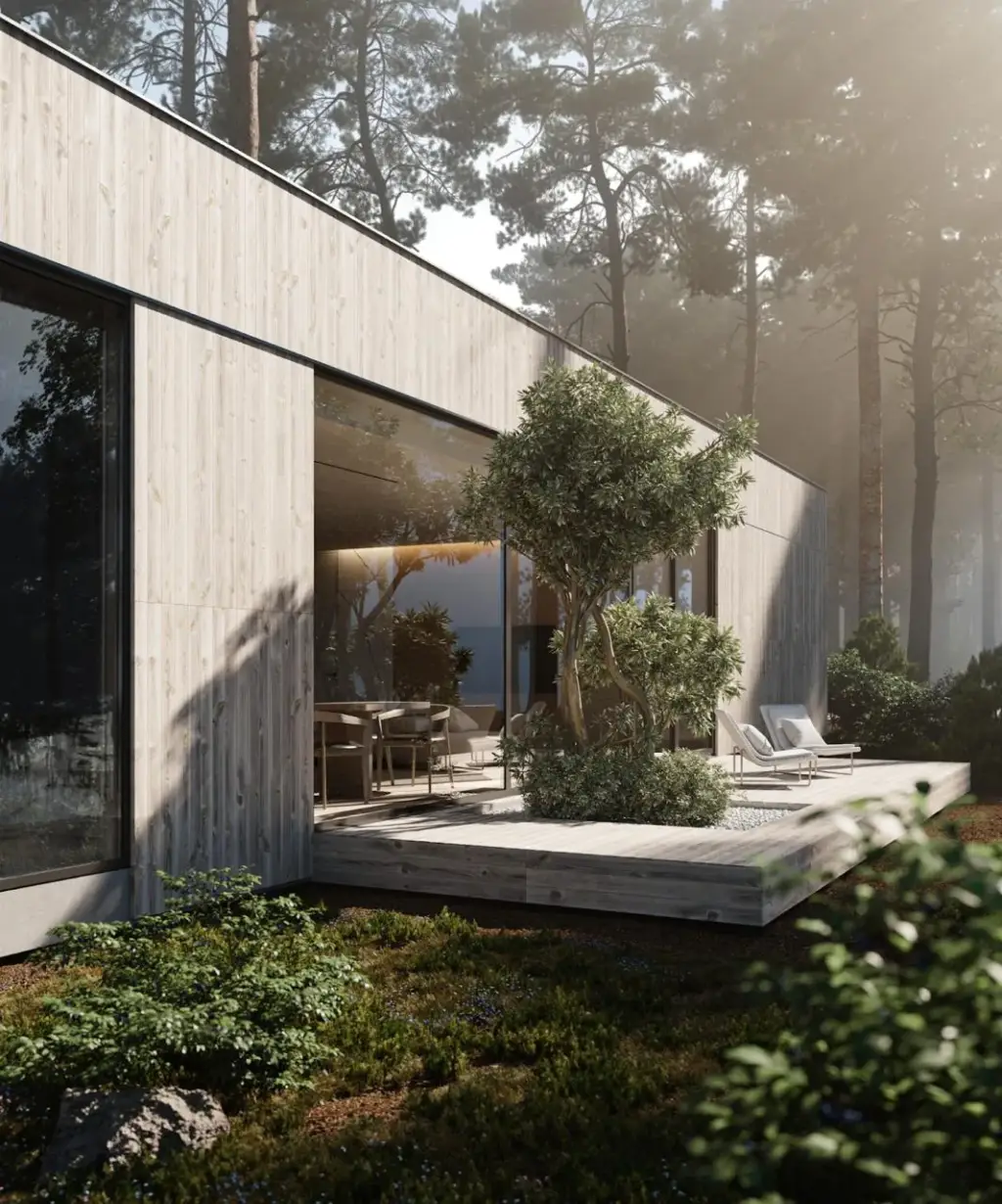 Photorealistic contemporary house exterior render — a visualization-grade model that must be rebuilt and optimized before it can run in AR