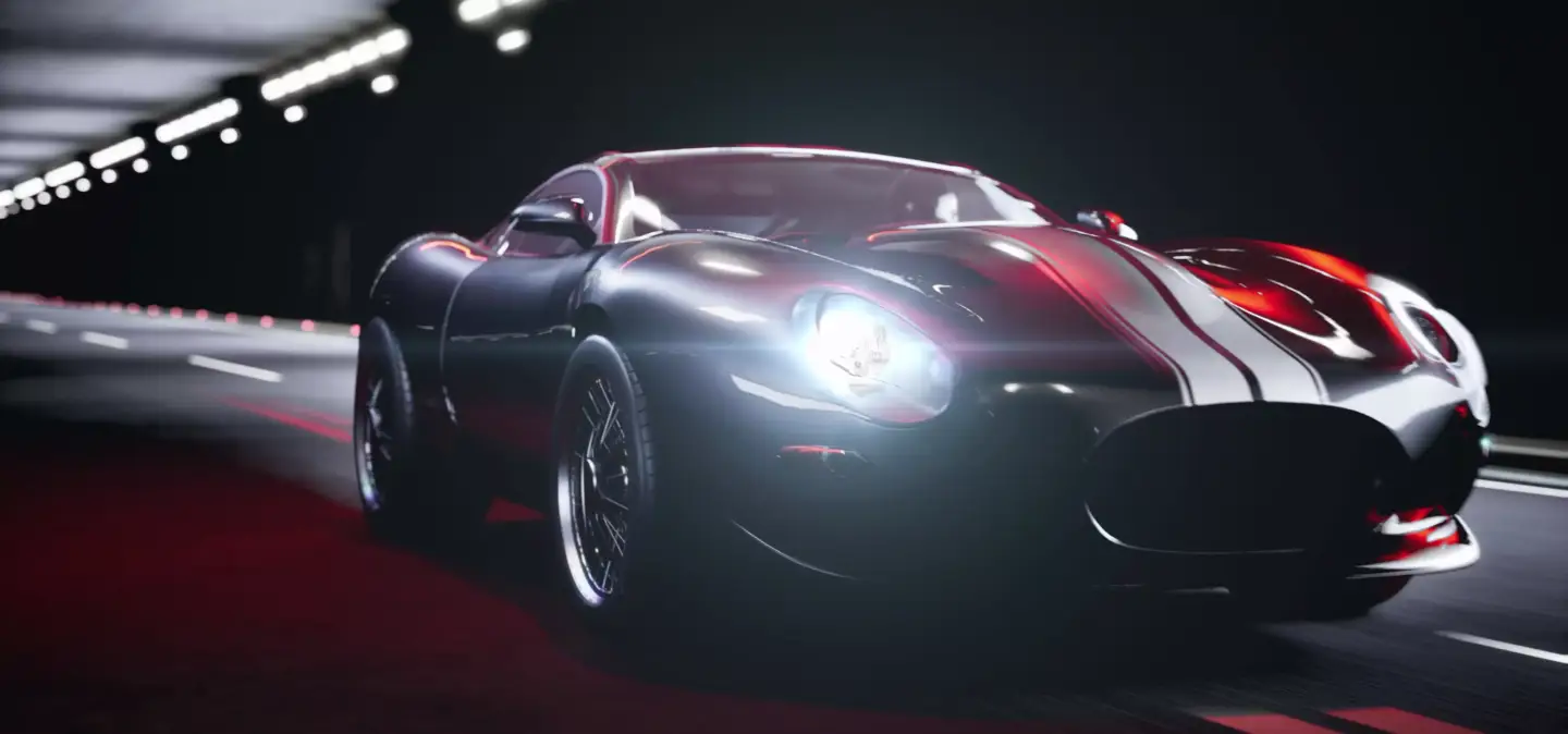 ¿Qué es el FOOH? Publicidad fake out of home explicada Escena FOOH de CGI de automoción: un coche de lujo en un túnel