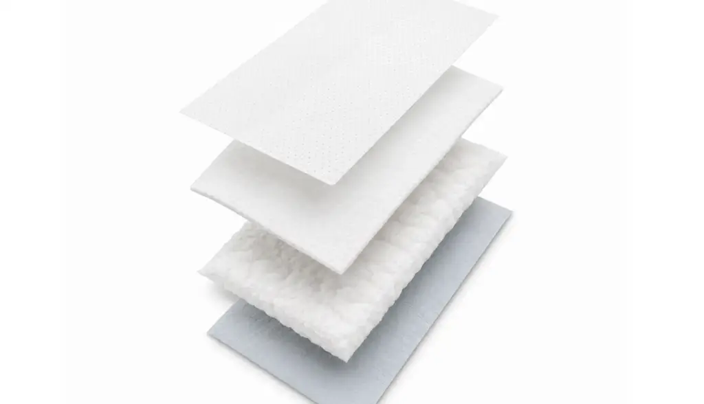 Diaper material layers shown separated, baby diaper product render.