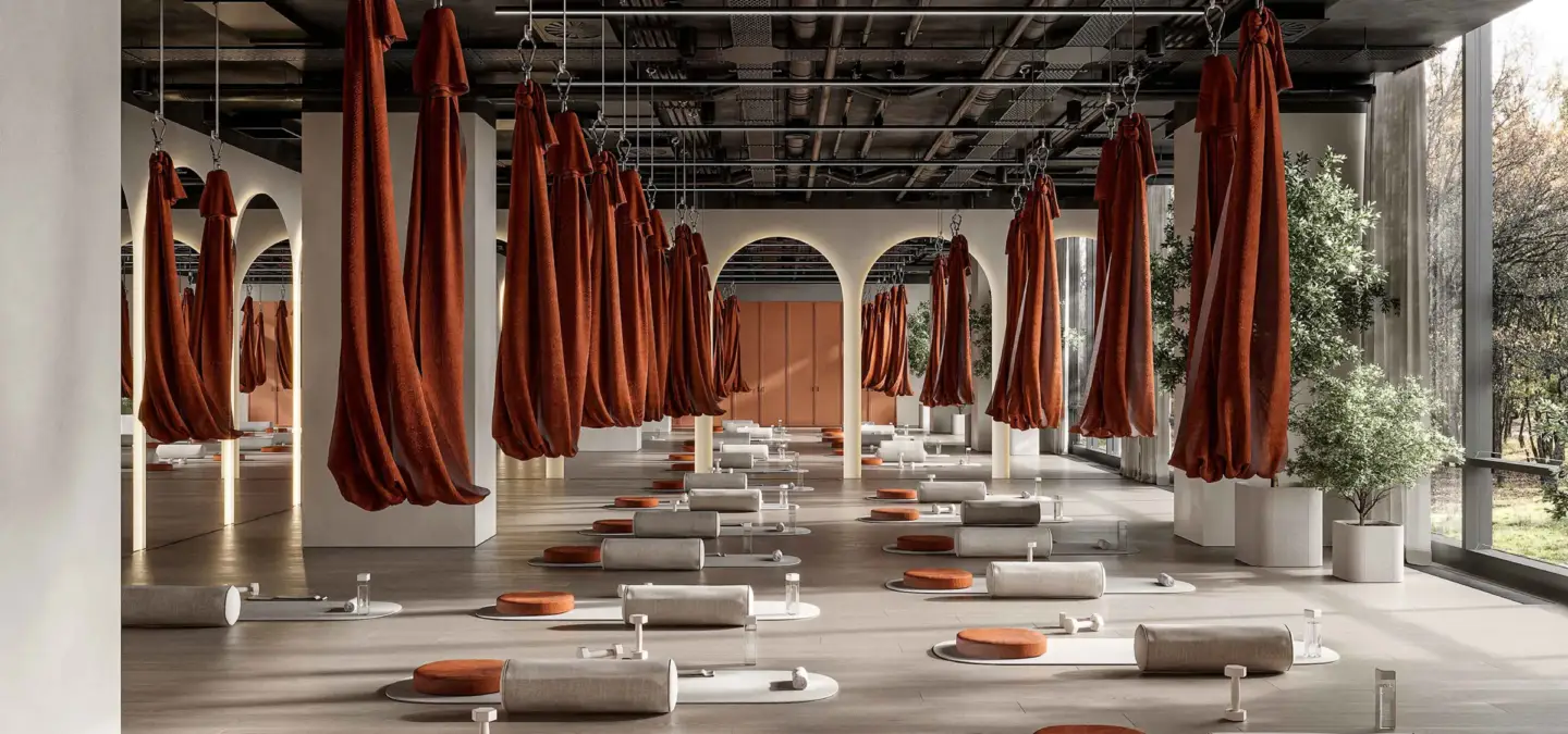 Render de interiores 3D de una sala de yoga en un centro fitness