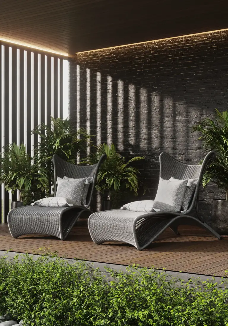 Top 5 studios in the 3D visualization market in Greece Exterior 3D visualization of a modern terrace with lounge chairs by top Greek CGI studios