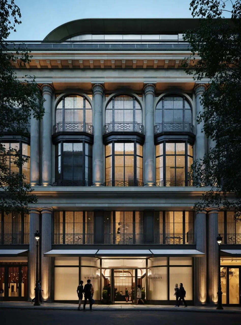 Heritage building façade rendered in CGI, showing classical Regency-style detailing