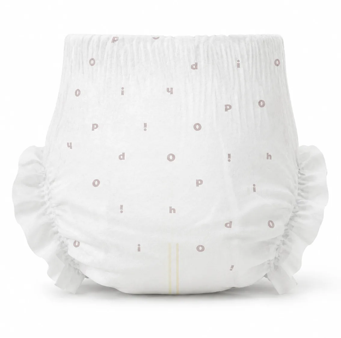 Front view of a hoppi diaper with playful print, baby diaper product render.