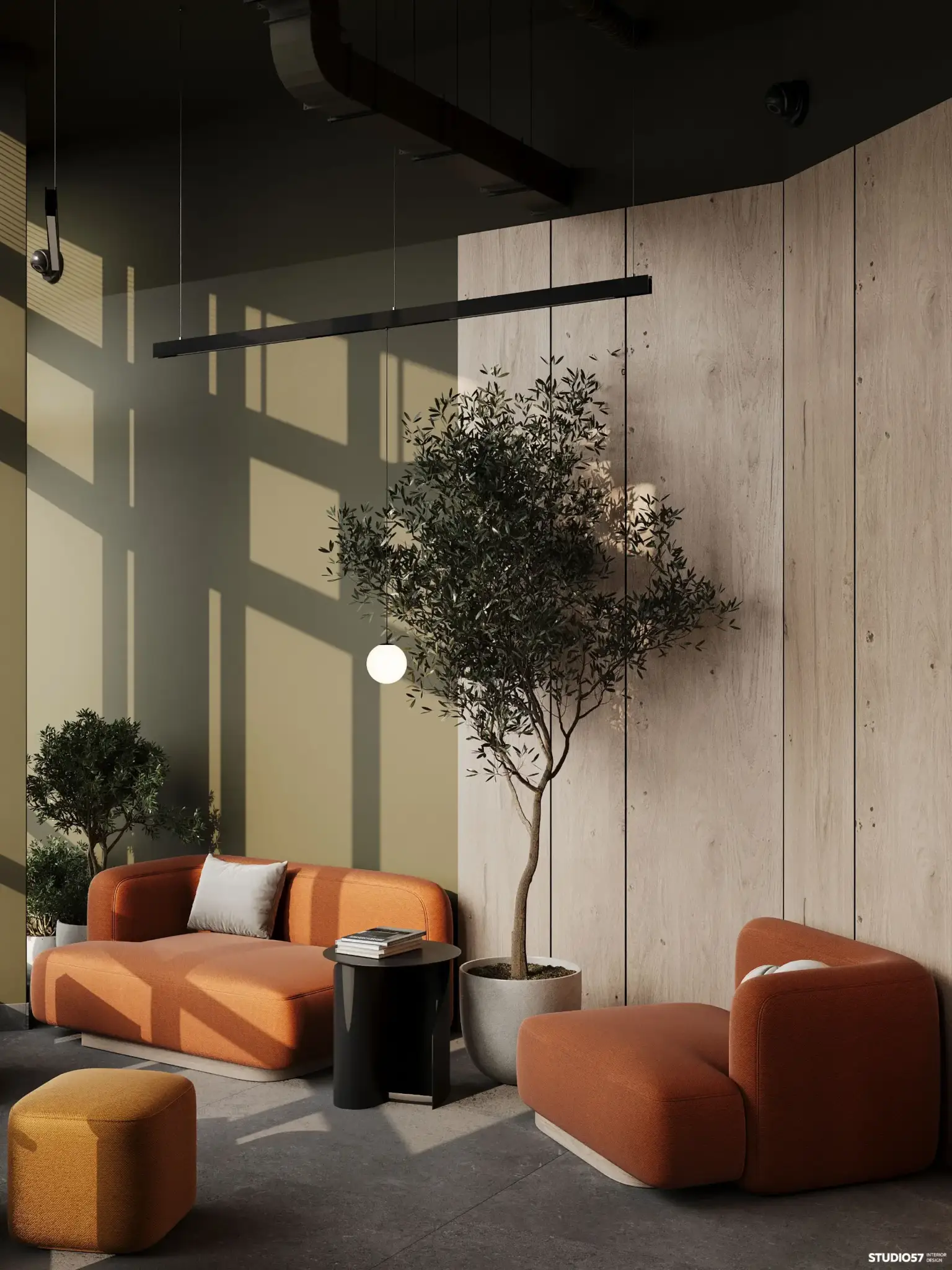 Terracotta lounge interior render with an olive tree in a warm contemporary style