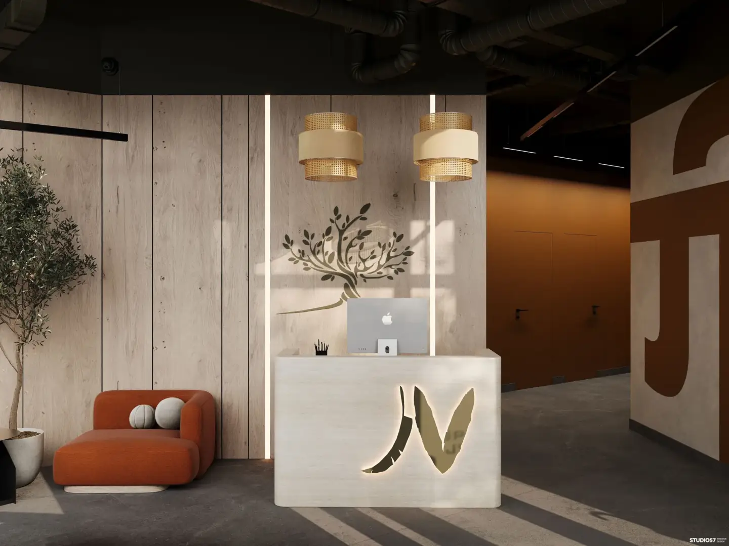Photoreal 3D render of a modern office reception with wooden panelling, designer lighting and a branded desk