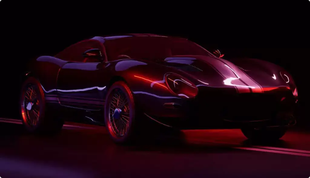 Jaguar-inspired custom car in a dark studio with red lighting and racing stripes