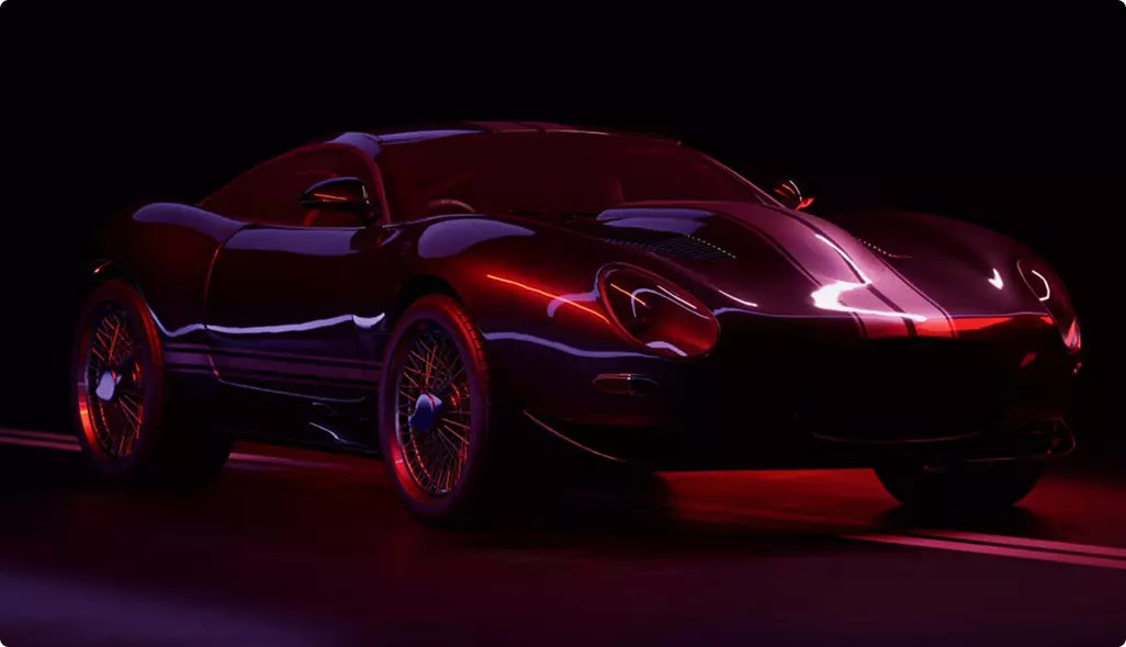 Photorealistic automotive CGI of a custom Jaguar-inspired car in a red studio