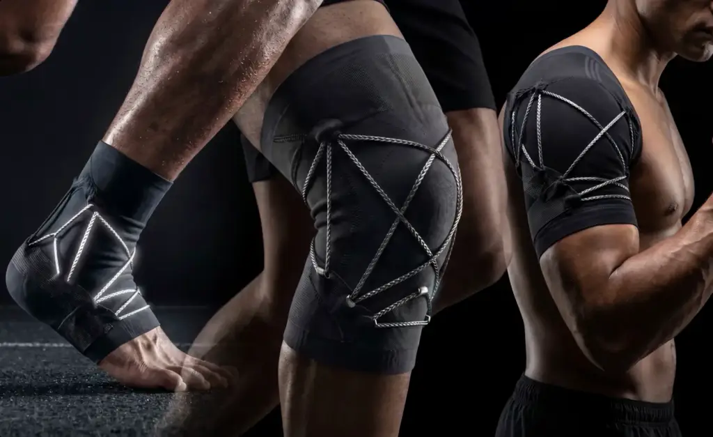 Close-up of knee and leg compression supports, technical detail.