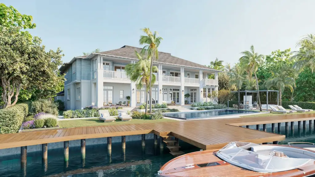 Mediterranean villa exterior with stucco walls, arched openings and a tile roof, 3D architectural rendering