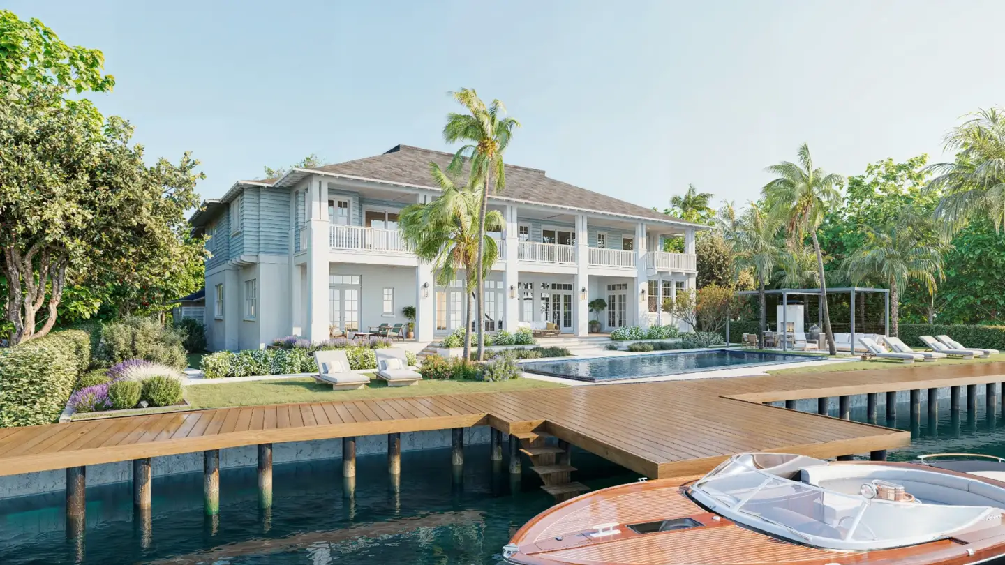 Tudor Architecture, Explained: From English Manors to Tudor Revival Homes 3D exterior rendering of a residential house facade with pale blue siding — Maverick Frame visualization