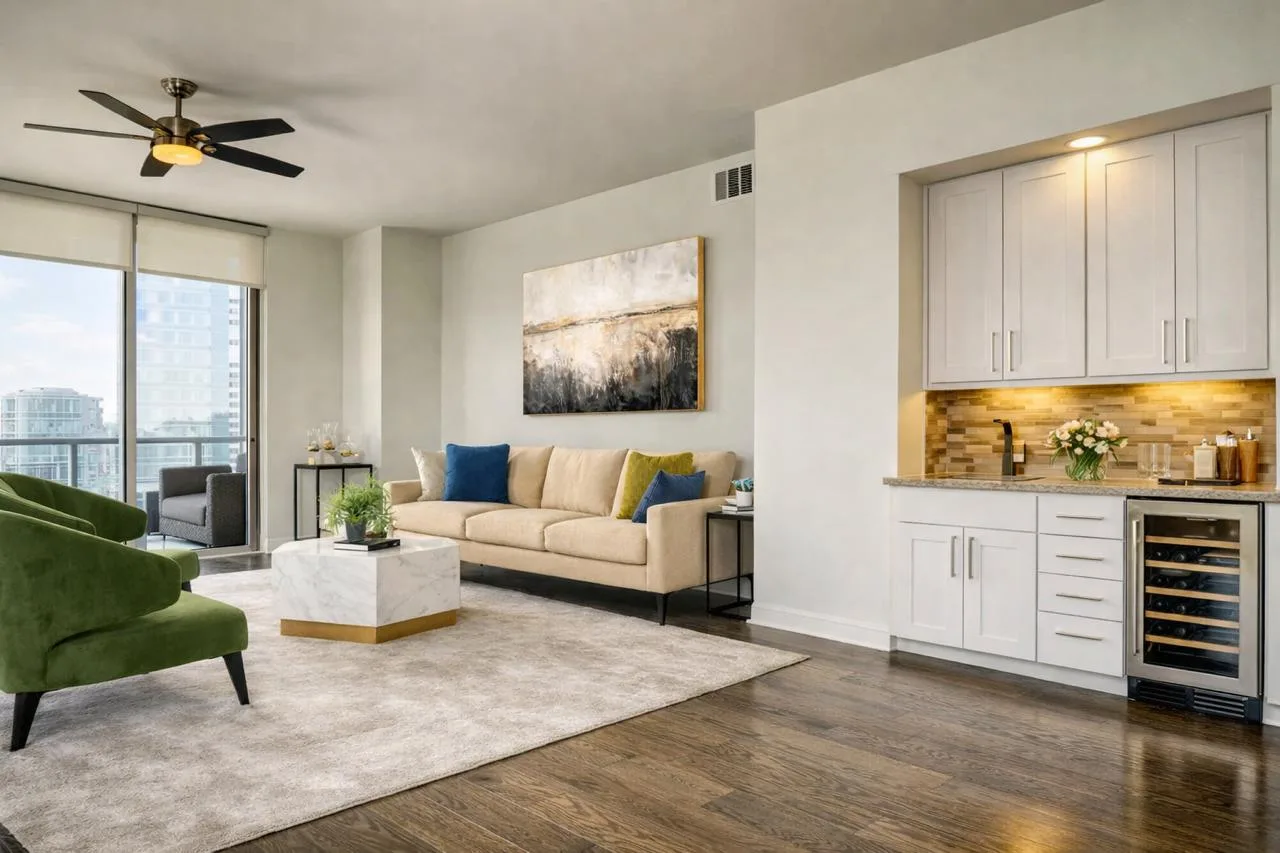 Mid-Century Modern Architecture: Characteristics, History & Iconic Homes Open-plan mid-century modern interior 3D rendering with floor-to-ceiling glass