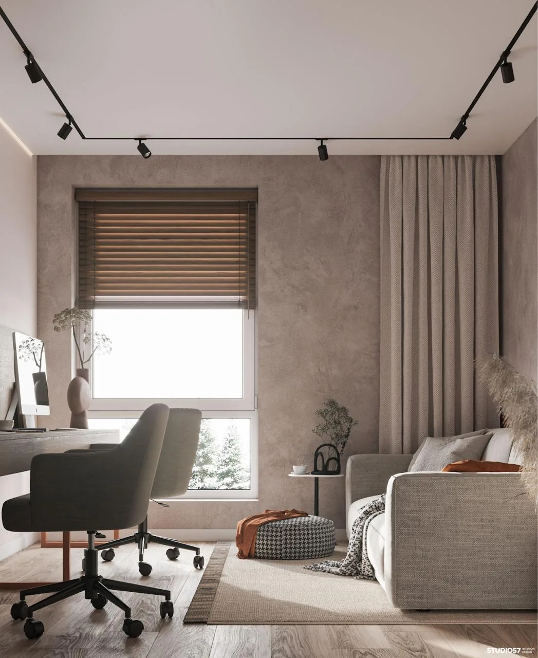 Light academia home office with a wood writing desk, brass lamp, and shelves of books rendered in warm natural light