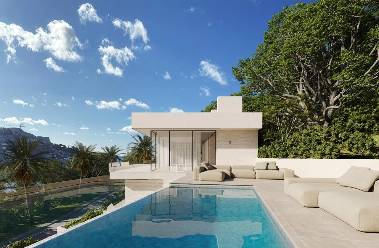 Modern hillside villa with an infinity pool, a photorealistic exterior 3D rendering of the kind used for Portuguese coastal residential projects