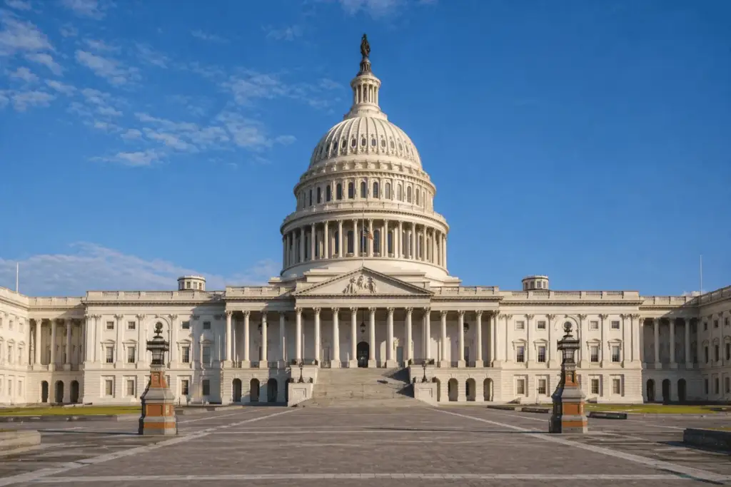 Neoclassical architecture capitol building with grand dome and columns under blue sky