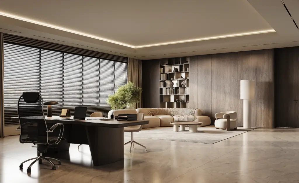 Visualisatie van een kantoorinterieur met hoogwaardige afwerkingen en daglicht
