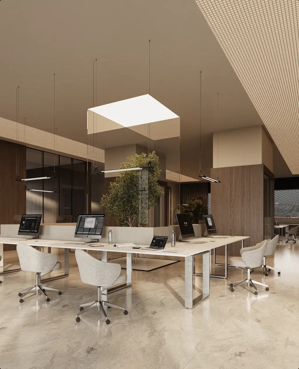 Visualisatie van een kantoorinterieur met een stiltezone en gelaagde verlichting