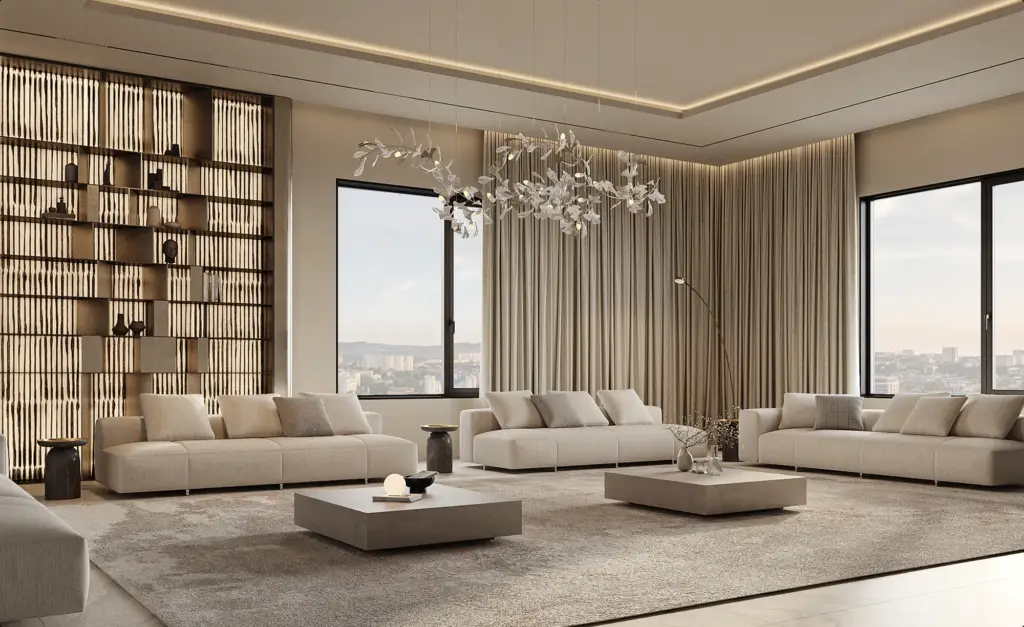 Visualisatie van een kantoorinterieur met receptie en loungegedeelte