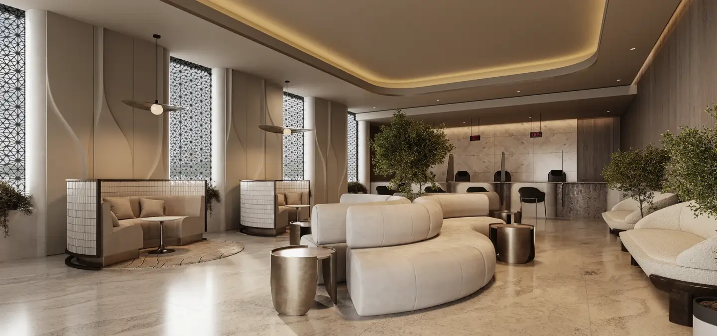 Render arquitectónico de interior de una oficina corporativa