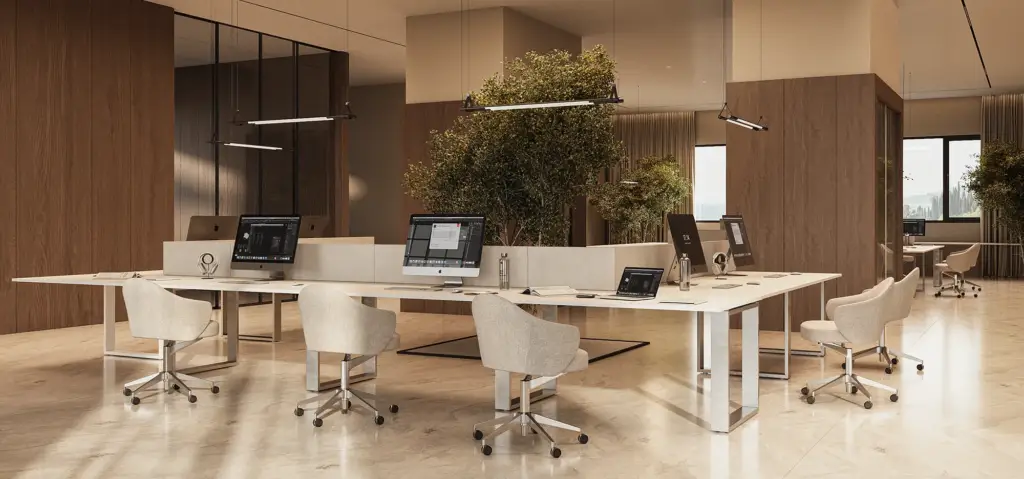 3D-visualisatie van een open kantoorvloer met werkplekken, ergonomische stoelen en daglicht