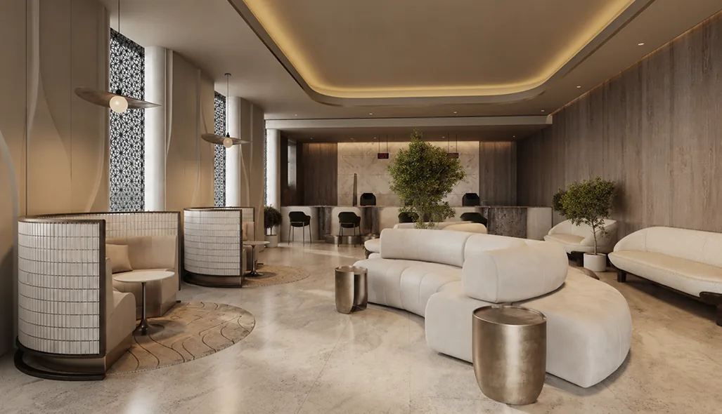 Visualisatie van een kantoorinterieur met zonering en heldere zichtlijnen over de werkvloer