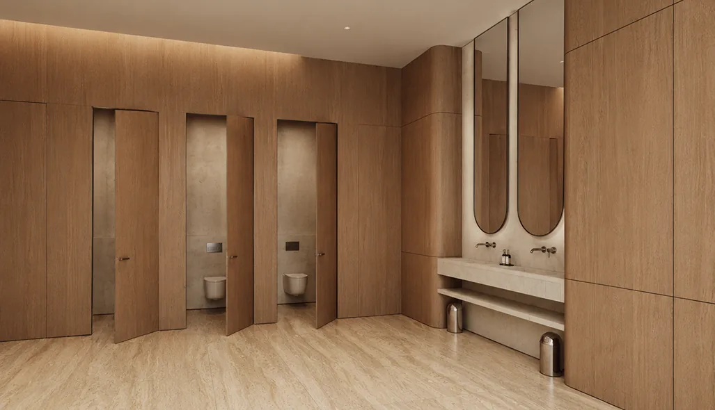 Render van een kantoorinterieur met gelaagde werkplekverlichting en materialen