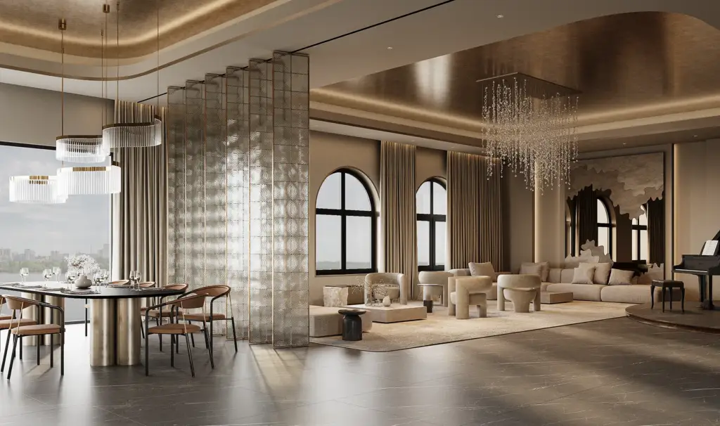 Visualisatie van een luxe kantoorlounge met eetgedeelte, glazen scheidingswand en warme verlichting