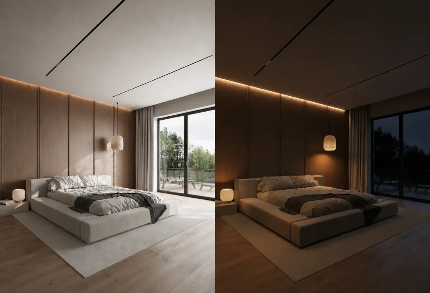 Day-to-night 360° panorama render showing a space in different lighting
