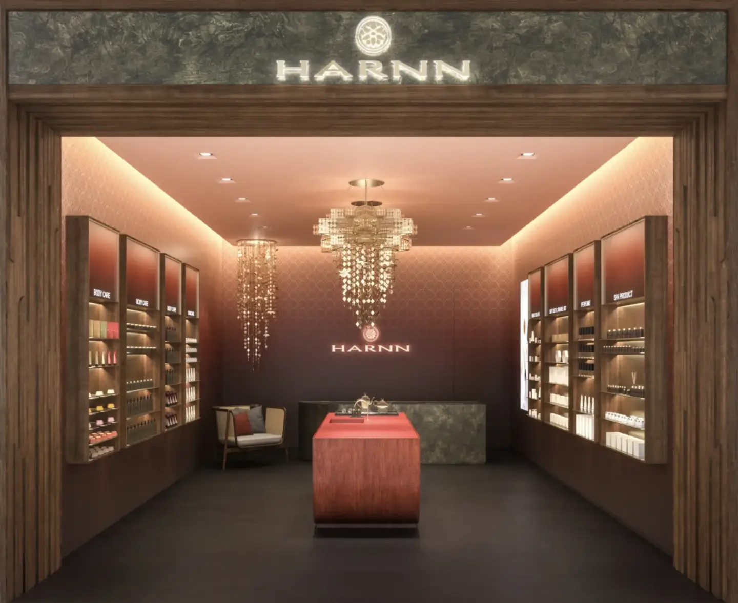 Luxury retail interior 3D rendering showcasing HARNN boutique design with warm lighting and display shelving