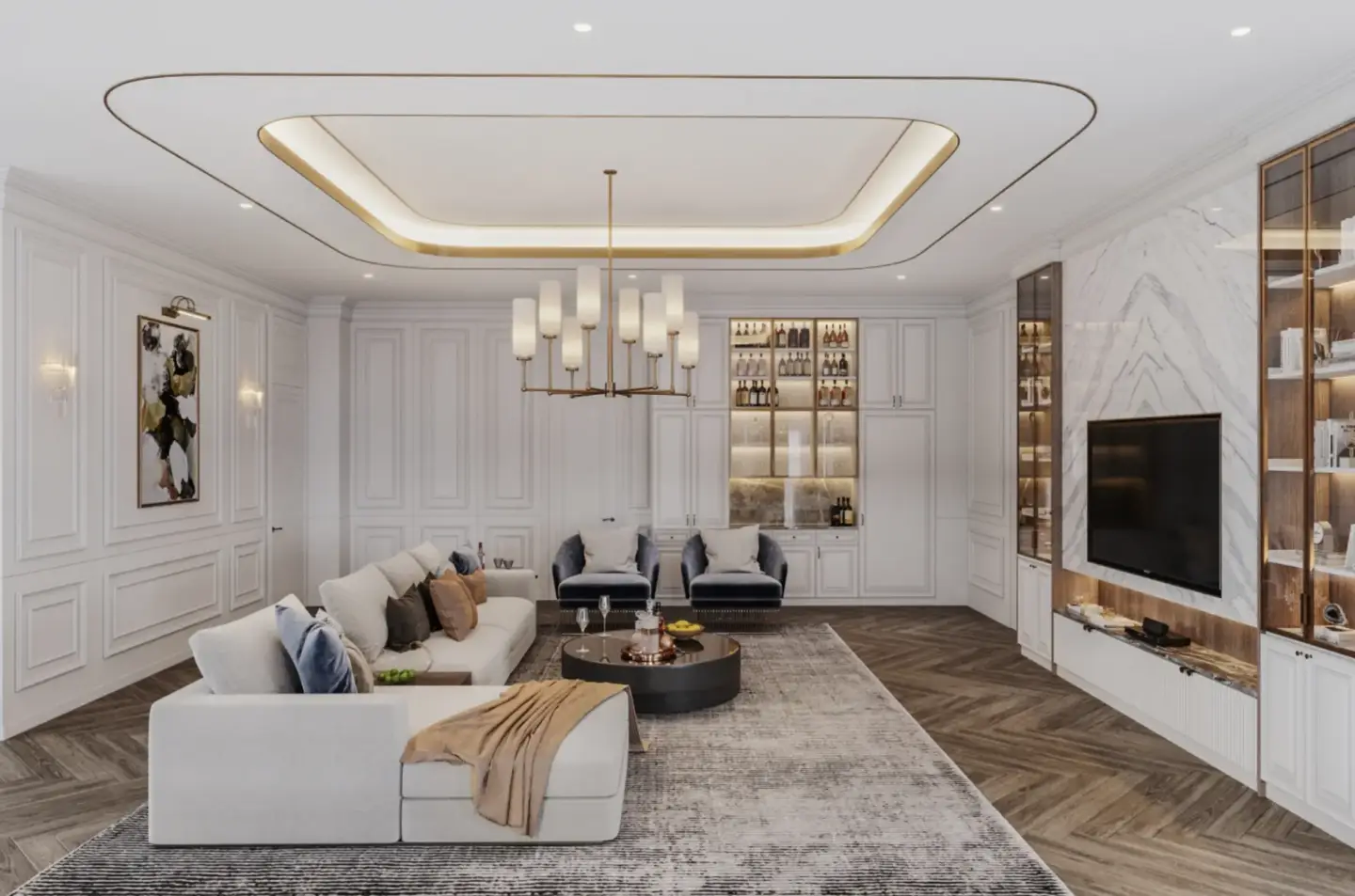 Modern 3D living room in neutral tones with sofa, geometric rug, large TV, and glass-fronted wine cabinet.