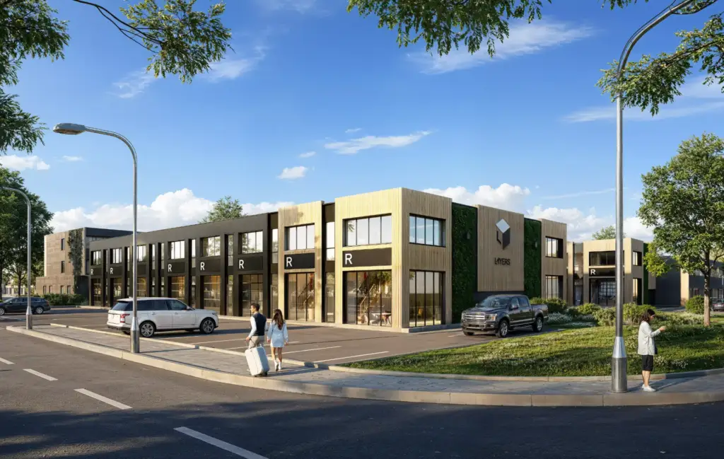 Render of a two-storey retail plaza with glazed ground-floor storefronts for restaurants and shops along a tree-lined street
